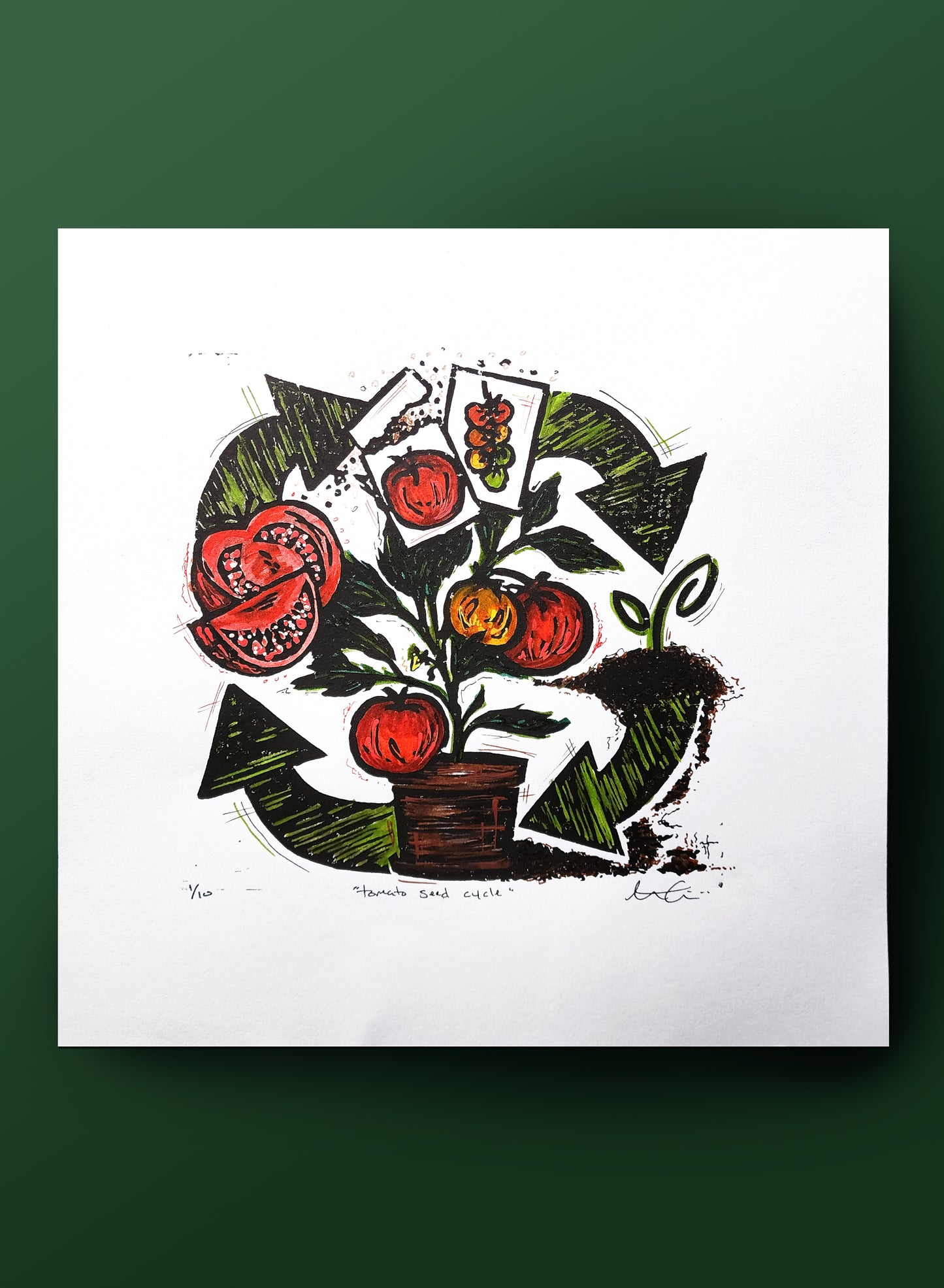 "Tomato Seed Cycle" Linocut Print